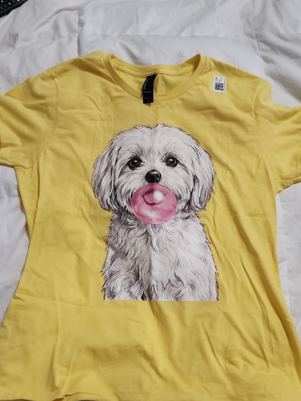 Port and Company Yellow Tee with Dog Bubble Gum Graphic